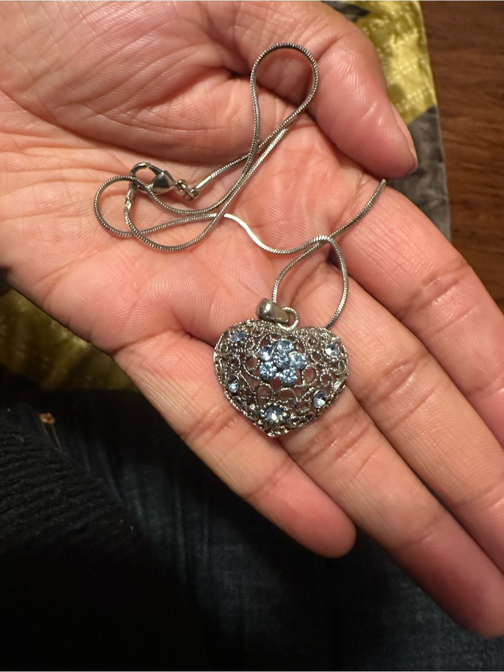 Silver Heart Pendant Necklace with Light Blue Crystals